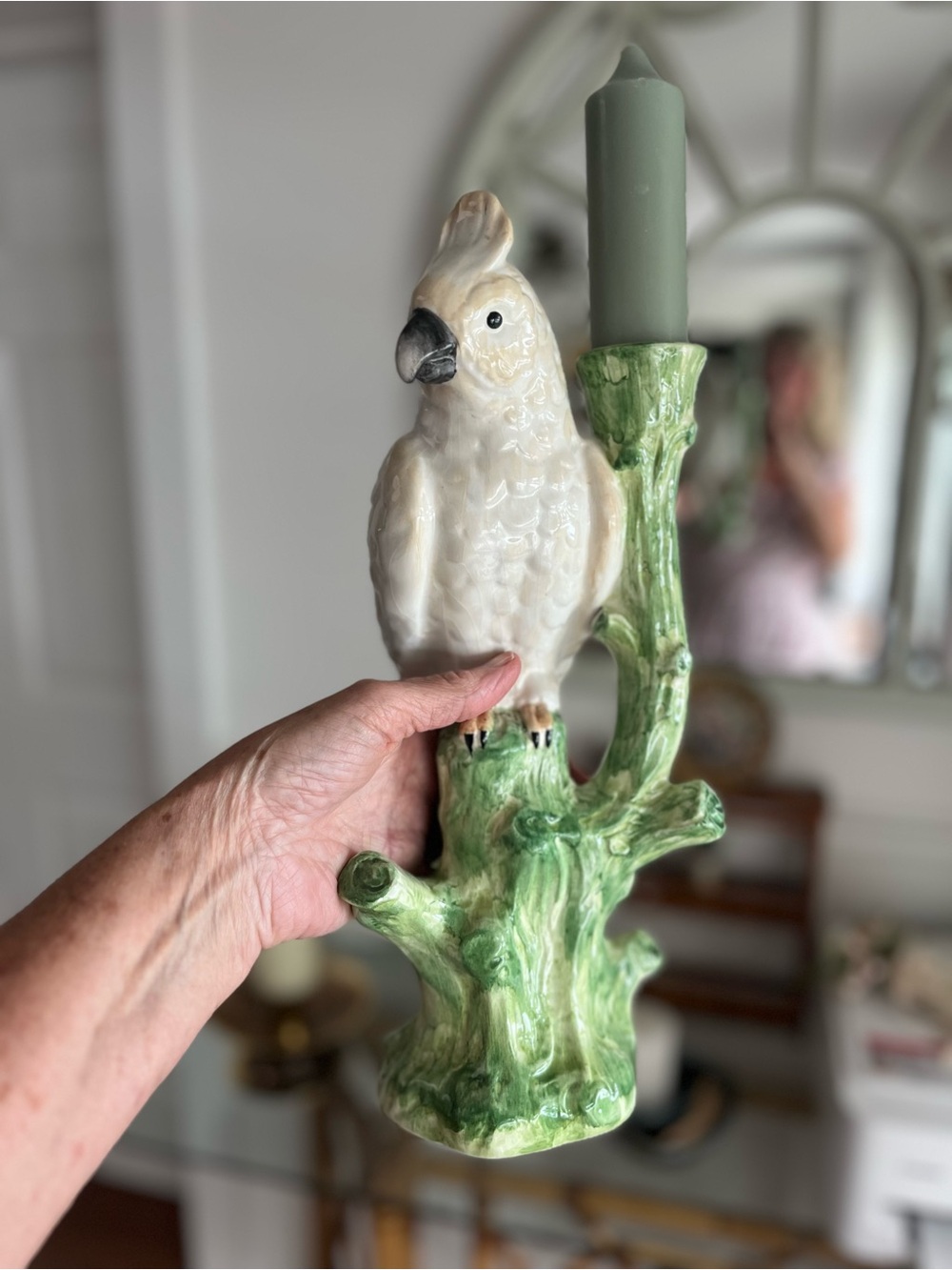 White Cockatoo Ceramic Candle Holder with Green Perch.  Made in Italy.